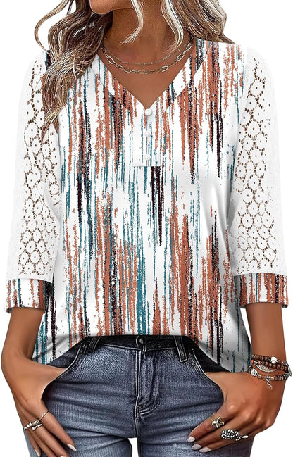 CRAZY GRID Womens 3/4 Sleeve Womens Tops V-Neck Lace Shirt Button Down Business Casual Blouses Fall Trendy Outfits 2026 S-XXL