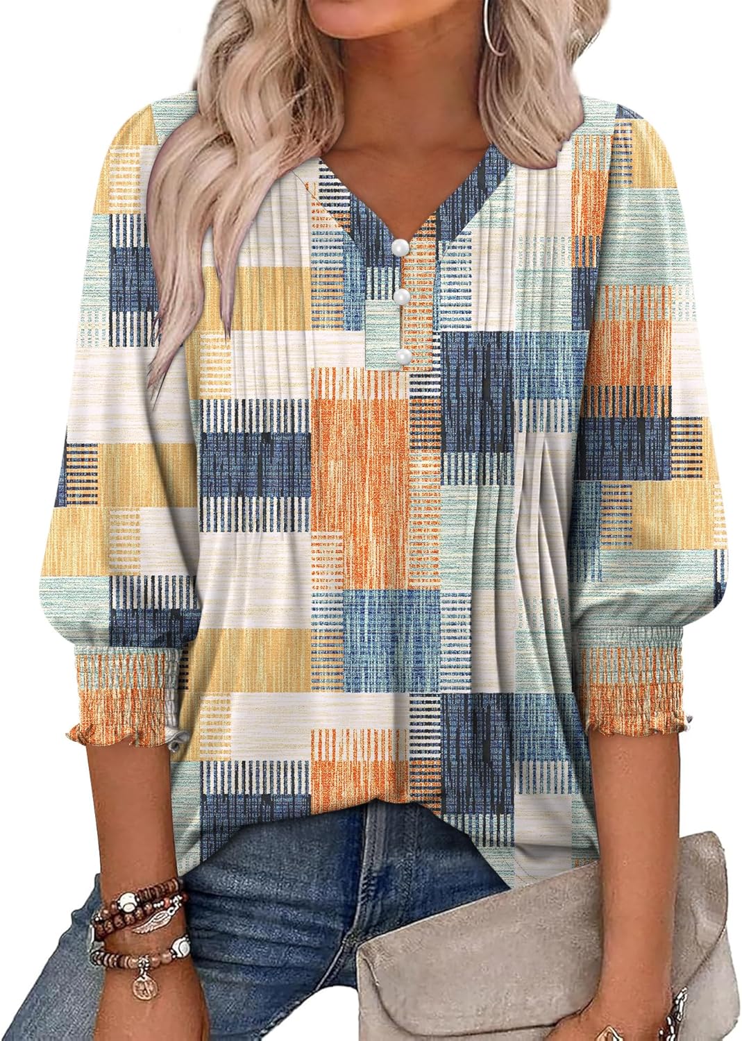 CRAZY GRID Womens 3/4 Sleeve Womens Tops V-Neck Lace Shirt Button Down Business Casual Blouses Fall Trendy Outfits 2026 S-XXL