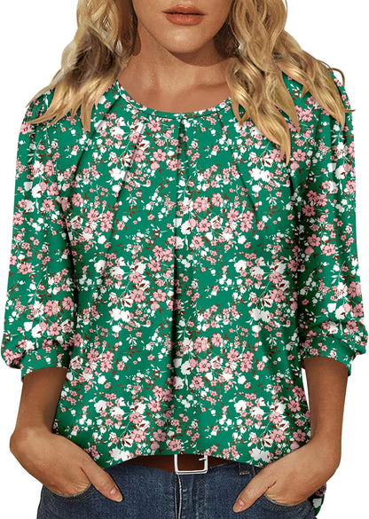 CRAZY GRID 3/4 Length Sleeve Women Tops Crewneck Pleated Cute Blouses Dressy Casual Summer T Shirts Loose Fit
