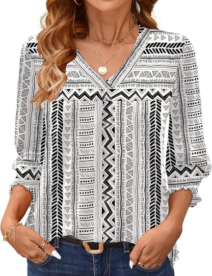 AKEWEI 3/4 Length Sleeve Womens Tops Summer Fashion V Neck Business Casual Blouses Smocked Shirts
