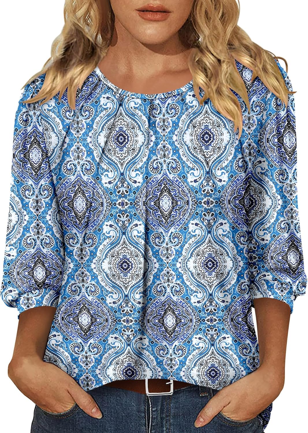 CRAZY GRID 3/4 Length Sleeve Women Tops Crewneck Pleated Cute Blouses Dressy Casual Summer T Shirts Loose Fit
