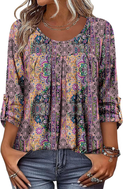 CRAZY GRID 3/4 Length Sleeve Women Tops Crewneck Pleated Cute Blouses Dressy Casual Summer T Shirts Loose Fit