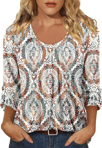 CRAZY GRID 3/4 Length Sleeve Women Tops Crewneck Pleated Cute Blouses Dressy Casual Summer T Shirts Loose Fit