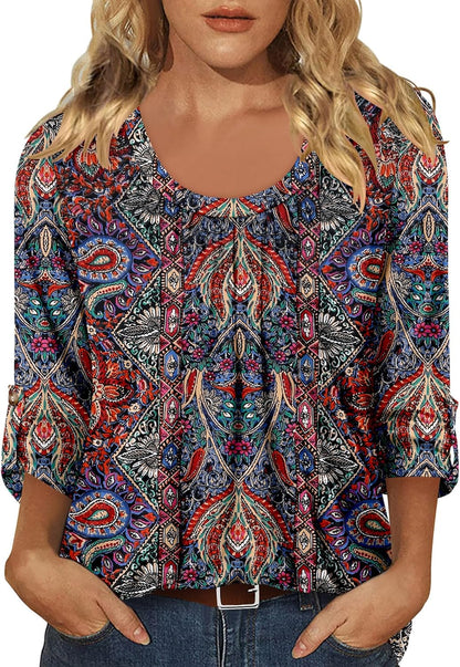 CRAZY GRID 3/4 Length Sleeve Women Tops Crewneck Pleated Cute Blouses Dressy Casual Summer T Shirts Loose Fit