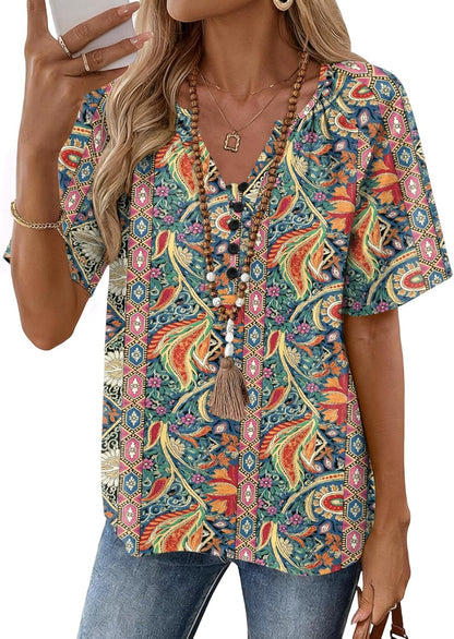 Rapbin Womens Summer Boho Tops Casual Short Sleeve Blouses Button Down Shirts 2026 Beach Vacation Clothes