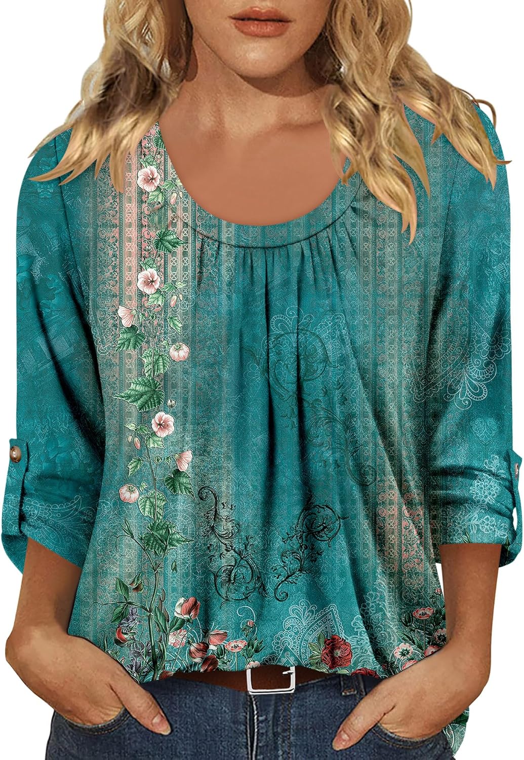 CRAZY GRID 3/4 Length Sleeve Women Tops Crewneck Pleated Cute Blouses Dressy Casual Summer T Shirts Loose Fit