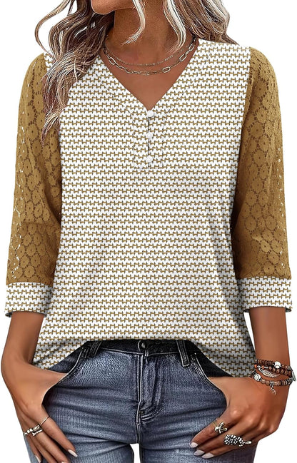 CRAZY GRID Womens 3/4 Sleeve Womens Tops V-Neck Lace Shirt Button Down Business Casual Blouses Fall Trendy Outfits 2026 S-XXL
