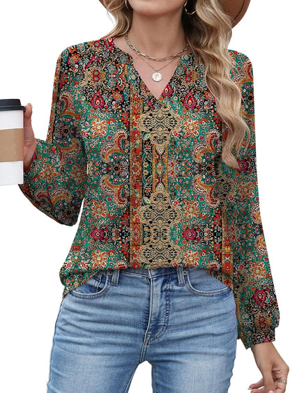 AKEWEI Women's Blouses V Neck Dressy Casual Lantern Long Sleeve Tops Business Work Raglan Shirts Fashion