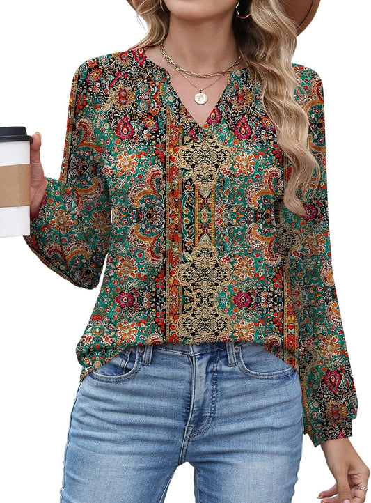 AKEWEI Women's Blouses V Neck Dressy Casual Lantern Long Sleeve Tops Business Work Raglan Shirts Fashion