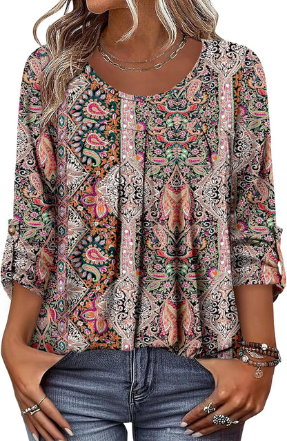 CRAZY GRID 3/4 Length Sleeve Women Tops Crewneck Pleated Cute Blouses Dressy Casual Summer T Shirts Loose Fit