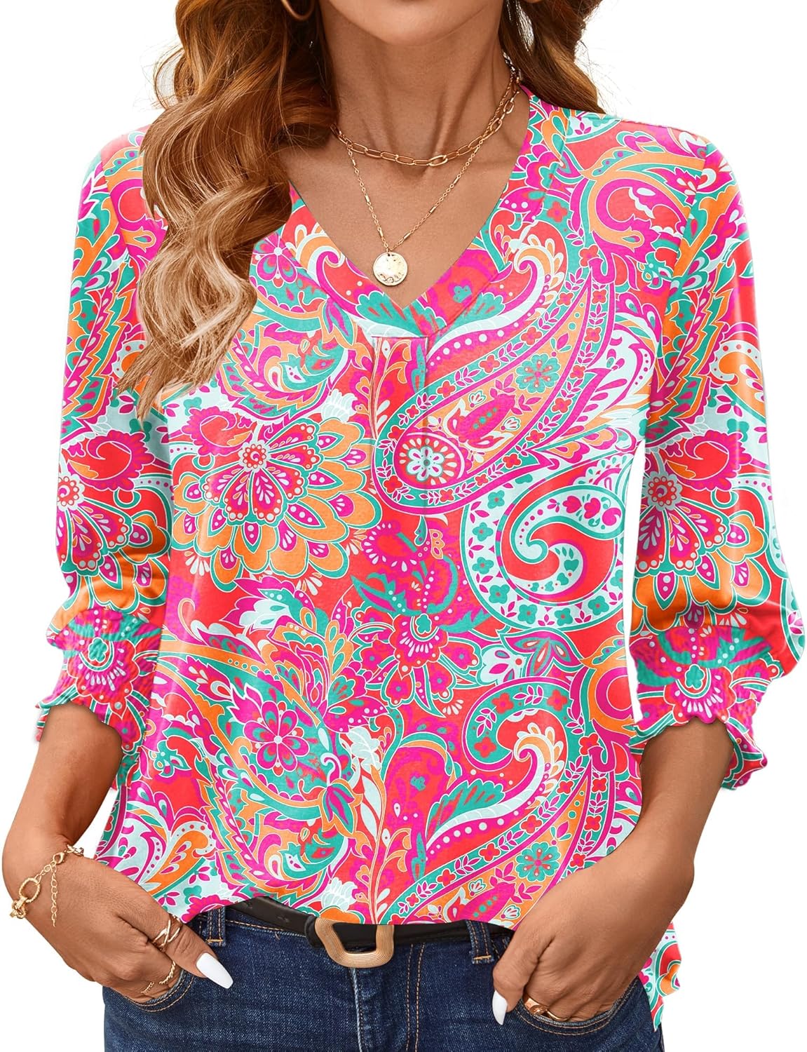 AKEWEI 3/4 Length Sleeve Womens Tops Summer Fashion V Neck Business Casual Blouses Smocked Shirts