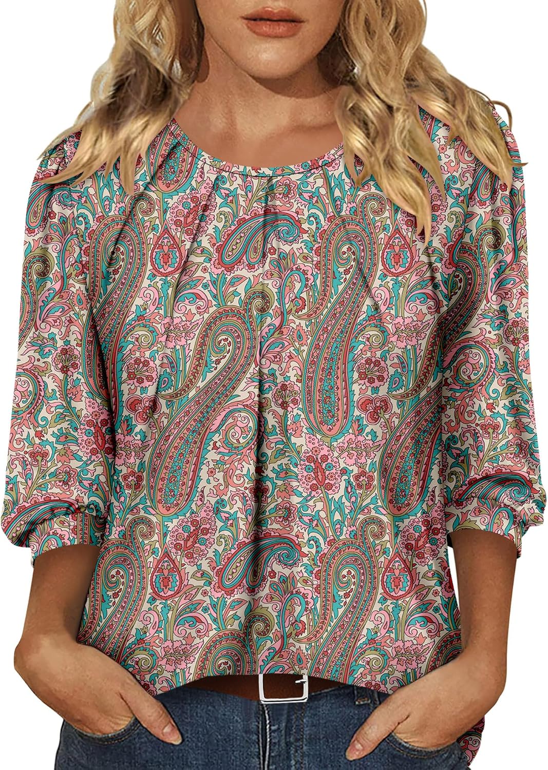 CRAZY GRID 3/4 Length Sleeve Women Tops Crewneck Pleated Cute Blouses Dressy Casual Summer T Shirts Loose Fit