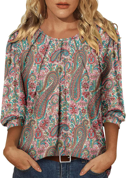 CRAZY GRID 3/4 Length Sleeve Women Tops Crewneck Pleated Cute Blouses Dressy Casual Summer T Shirts Loose Fit