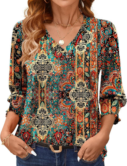 AKEWEI 3/4 Length Sleeve Womens Tops Summer Fashion V Neck Business Casual Blouses Smocked Shirts