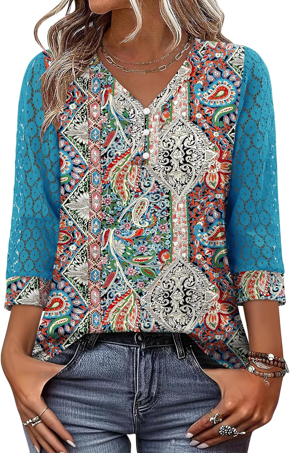 CRAZY GRID Womens 3/4 Sleeve Womens Tops V-Neck Lace Shirt Button Down Business Casual Blouses Fall Trendy Outfits 2026 S-XXL